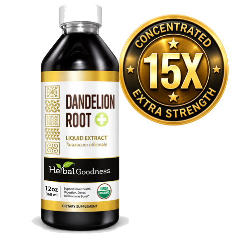 Dark amber glass bottle with white cap and gold label of dandelion root liquid extract by herbalgoodness