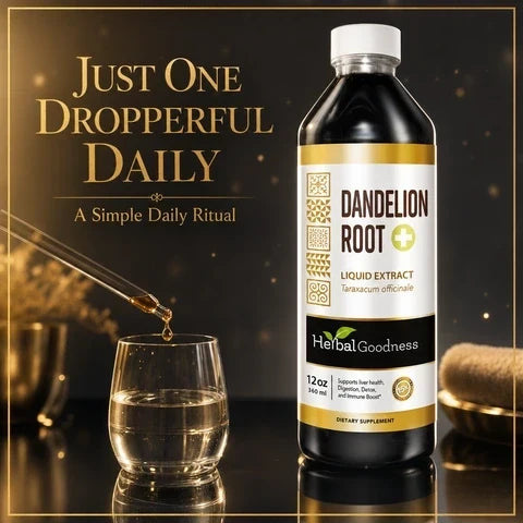 A sleek 12-ounce bottle of herbalgoodness dandelion root liquid extract with white cap and gold accents containing dark amber liquid