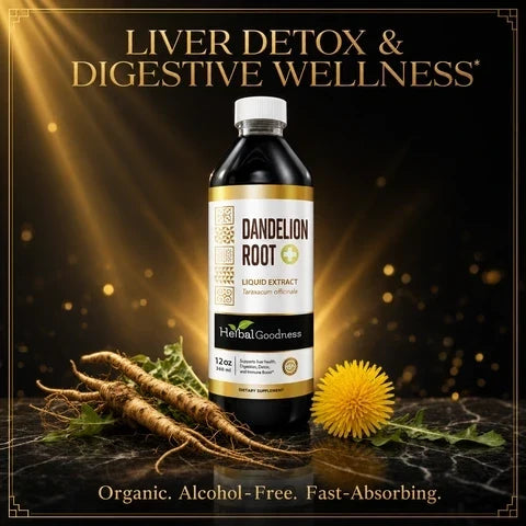A dark amber glass bottle with gold accents and white cap of herbalgoodness dandelion root liquid extract
