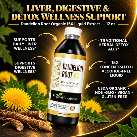 A dark amber glass bottle with white cap and gold label of herbalgoodness organic dandelion root liquid extract