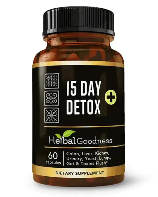 Brown Herbal Goodness 15 Day Detox supplement bottle for complete detox bundle with 60 capsules