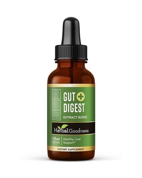 Brown glass dropper bottle with Gut Digest label from Herbal Goodness for digestive health bundle