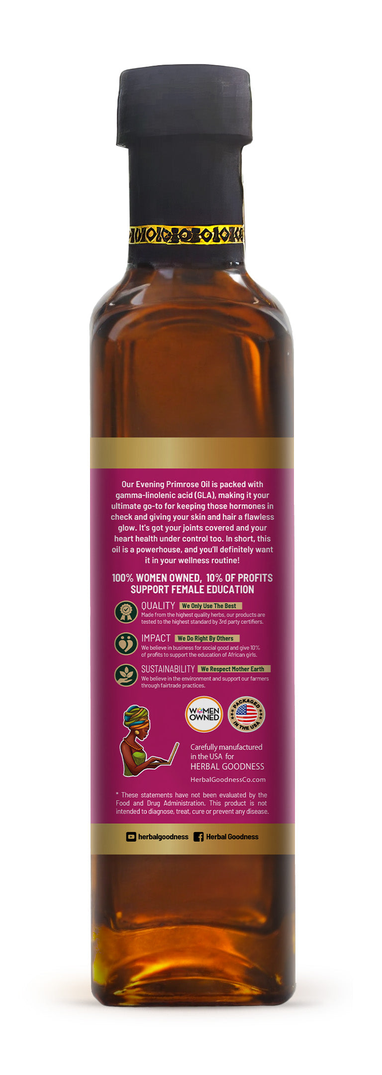 Amber Liquid in Glass Bottle with Purple Label - Evening Primrose Oil Herbal Goodness