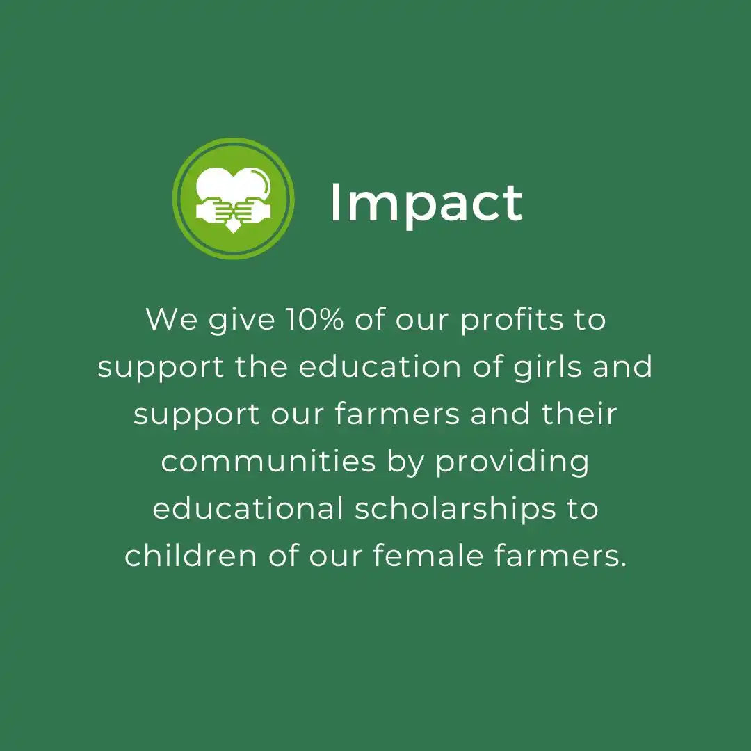 Green social impact statement with white text explaining a 10% profit donation policy for education initiatives.