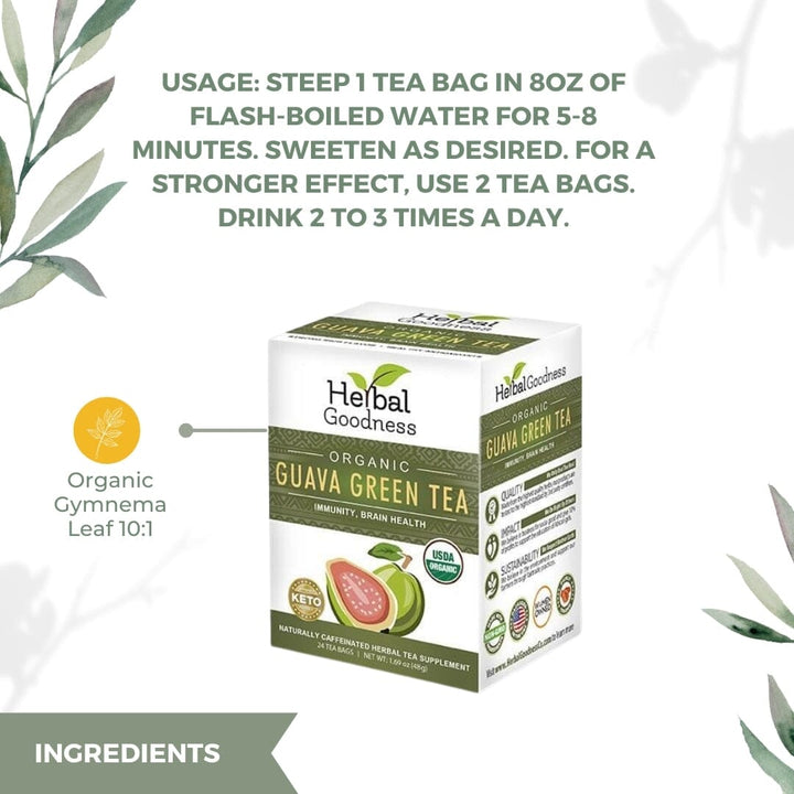 Guava Green Tea - 24/2g - Organic - Immunity & Brain Health - Herbal Goodness - Herbal Goodness