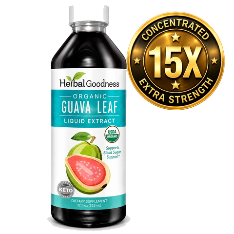 A dark glass bottle of guava leaf extract liquid supplement with a white label featuring teal accents and guava illustration