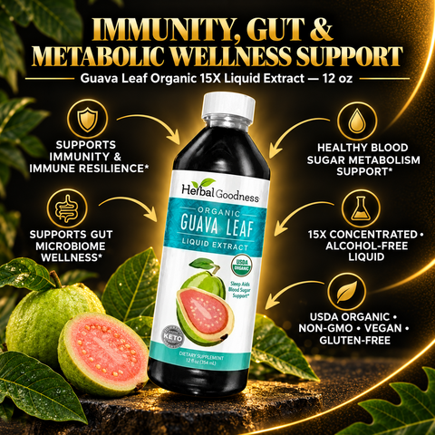 A dark glass bottle of guava leaf extract liquid supplement with white cap and green guava label for blood sugar support