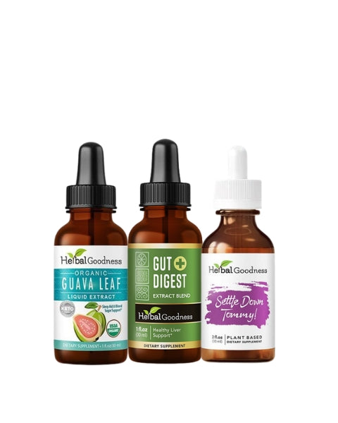 Three amber glass dropper bottles with black and white caps labeled herbal goodness liquid extract for gut health support