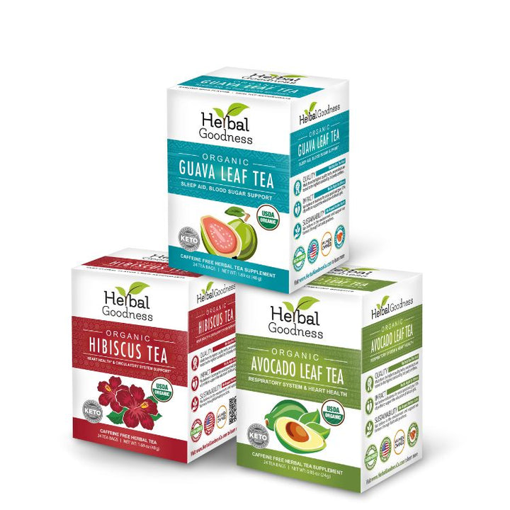 Three white boxes of herbal tea trio featuring organic guava, hibiscus, and avocado leaf tea with colorful fruit labels