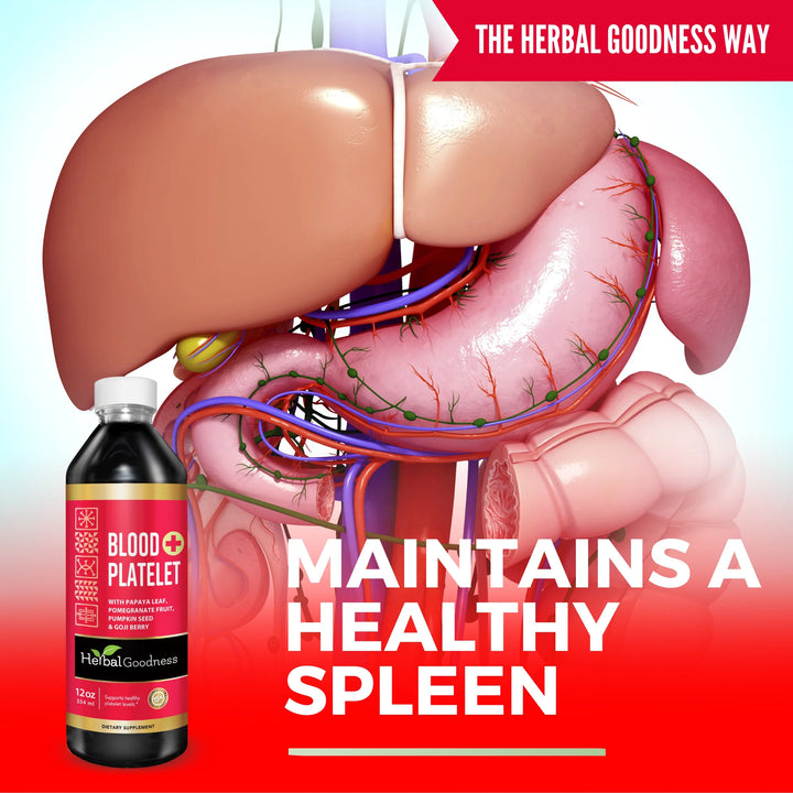 A dark glass bottle with a white cap and red label blood platelet from helbal goodness immune cleanse travel bundle