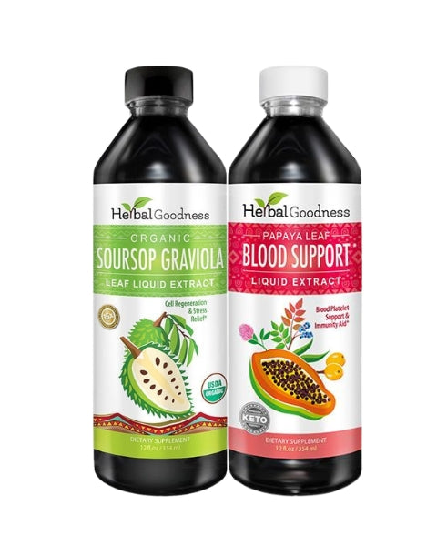 Two black plastic bottles of organic soursop and papaya leaf liquid extracts in immune cleanse travel herbal wellness support bundle