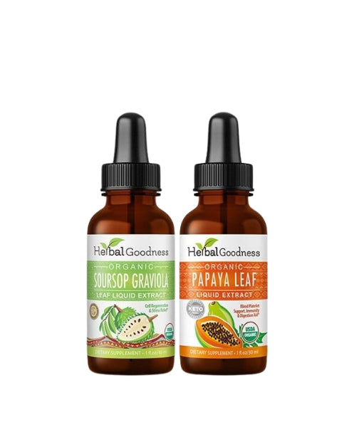 Two amber glass dropper bottles labeled herbal goodness with organic soursop and papaya leaf extract for immune support bundle and herbal cleanse