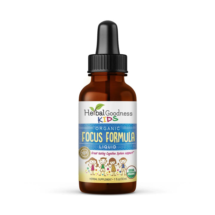 Brown glass bottle with black dropper cap and colorful label for kids focus formula with lemon balm and immune support