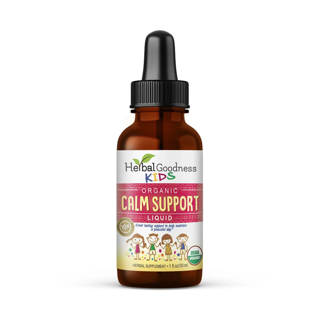 Brown glass bottle with black dropper cap labeled herbal goodness kids calm support liquid for immune support