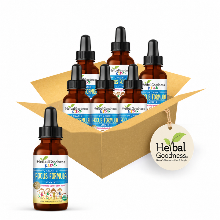 Brown glass dropper bottles with black caps and colorful herbal goodness kids labels for organic lemon balm and immune support supplements