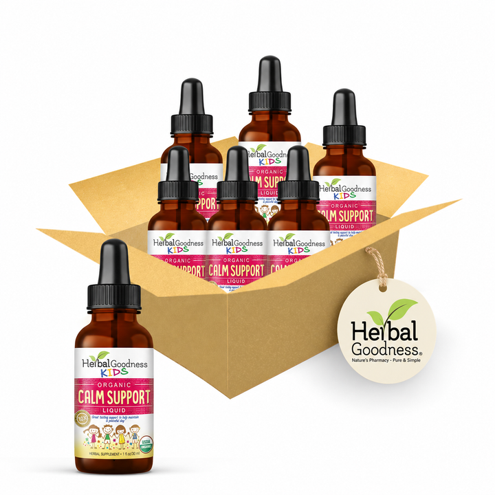 Brown glass dropper bottles with black caps featuring pink white and green labels for kids organic calm support supplement with lemon balm and papaya leaves for immune support