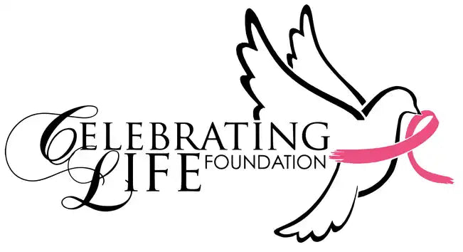 Logo featuring a white dove with a pink ribbon alongside elegant script text reading ’Celebrating Life Foundation’