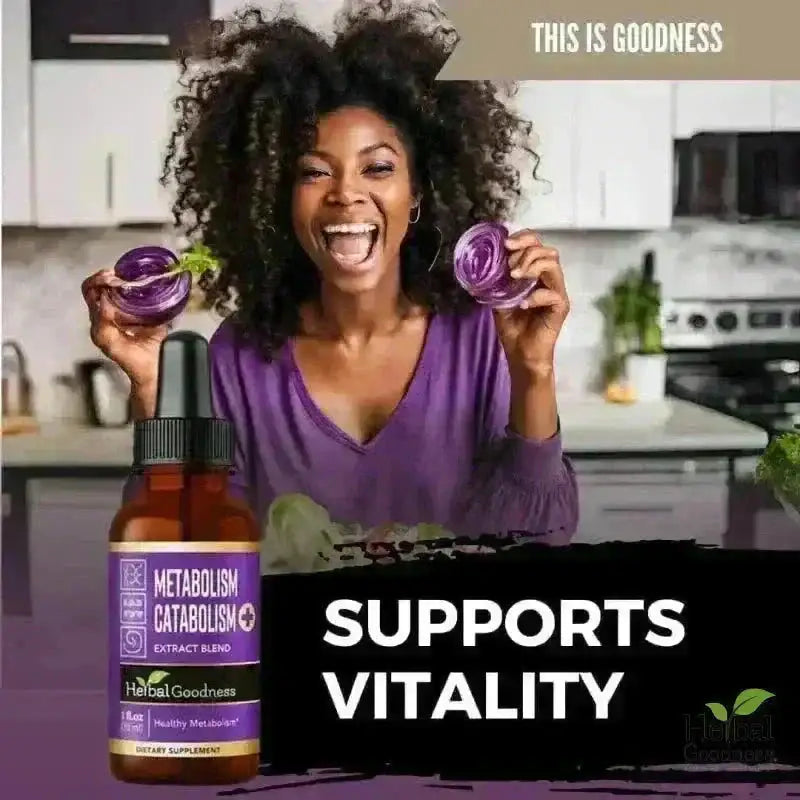 A purple-labeled amber glass bottle of herbal metabolism catabolism extract with black dropper for healthy weight and appetite control