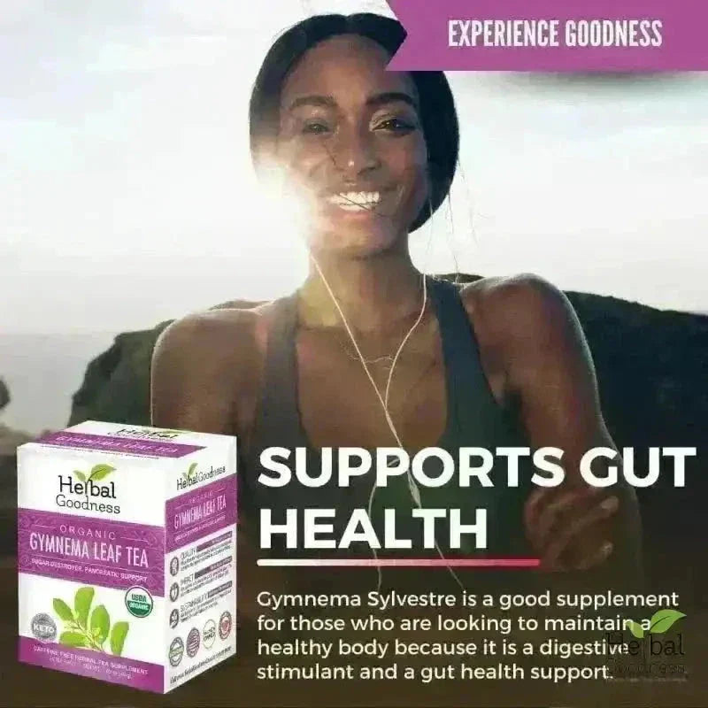 A white and purple box of herbal goodness organic gymnema leaf tea supporting healthy weight and appetite control