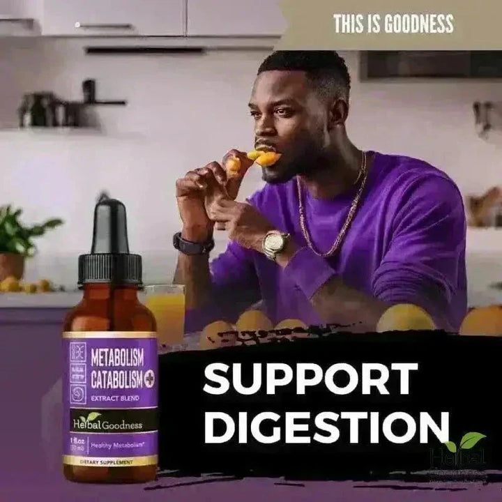 A brown glass bottle with black dropper cap and purple label by herbalgoodness for healthy weight and appetite control