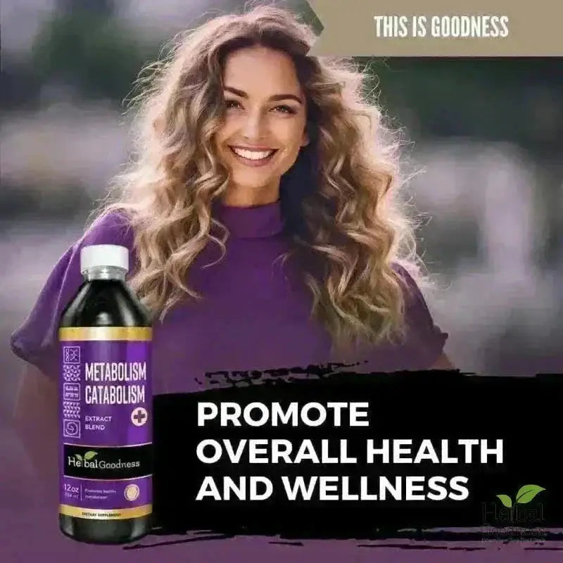 A purple bottle with a white cap and gold accents labeled metabolism catabolism extract blend by herbalgoodness for healthy weight and appetite control