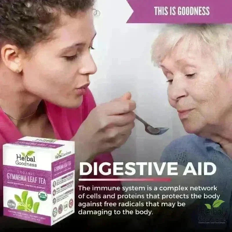 A white and purple box of herbal goodness organic gymnema leaf tea for healthy weight appetite control and healthy sugar support