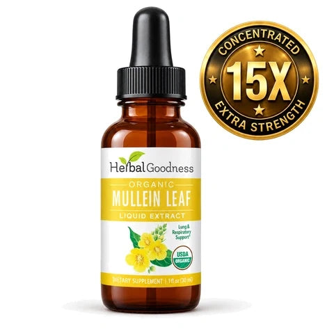 Herbal goodness mullein leaf extract in a brown glass dropper bottle with yellow label for respiratory health organic 15x strength