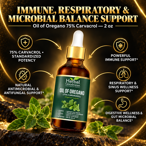 A dark amber glass bottle of herbal goodness oregano oil 75 percent carvacrol for gut health and immune support