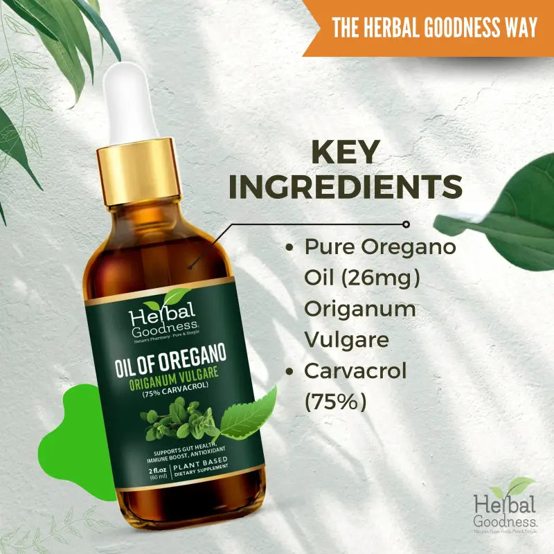Dark amber glass bottle with gold dropper cap and green label featuring herbal goodness oregano oil and black seed oil bundle for immune support
