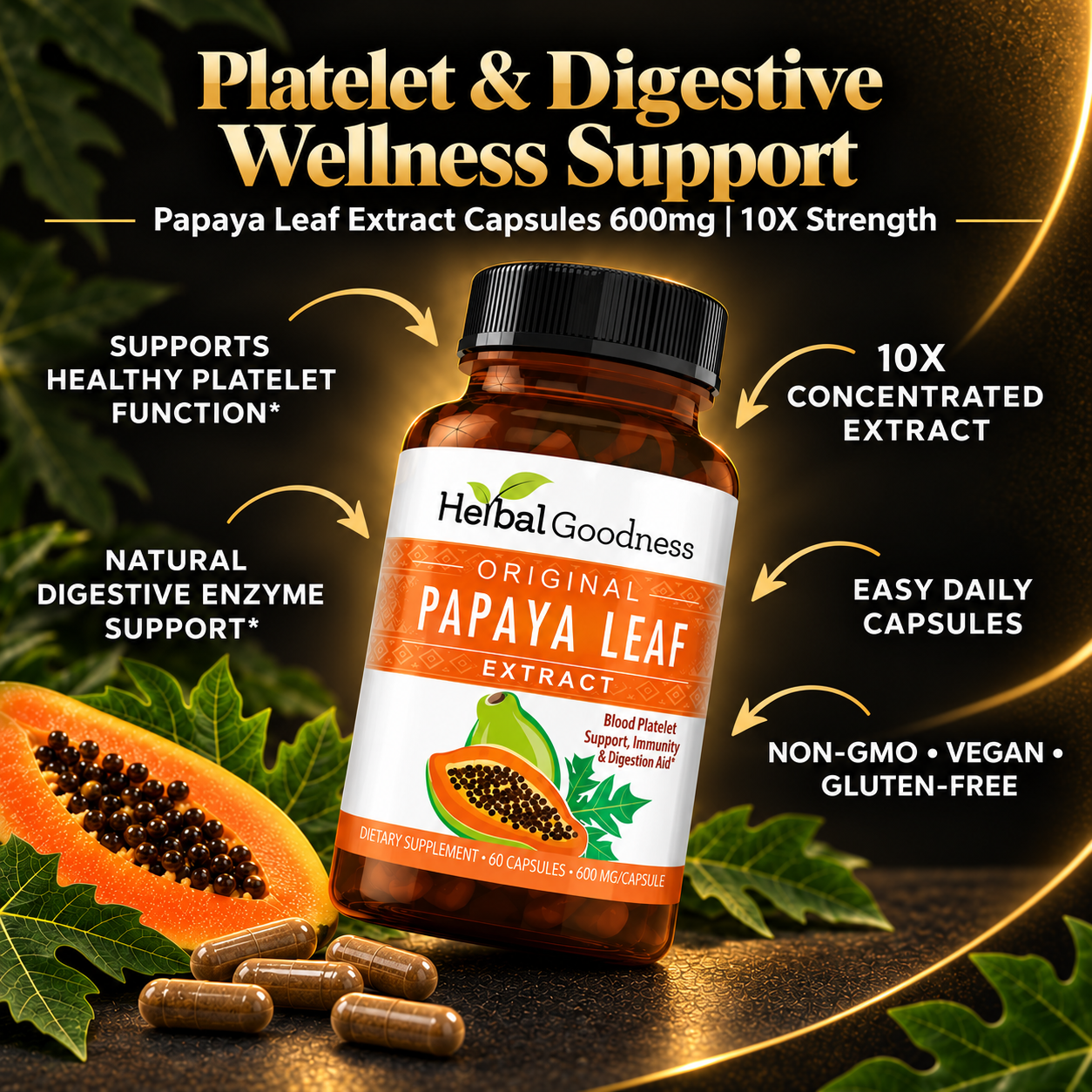 Herbal goodness papaya leaf extract capsules 600mg in a brown bottle with 10x strength for platelet support