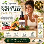 Herbal goodness papaya seed extract 15x organic liquid in dark amber glass bottle with black dropper cap for gut cleanse
