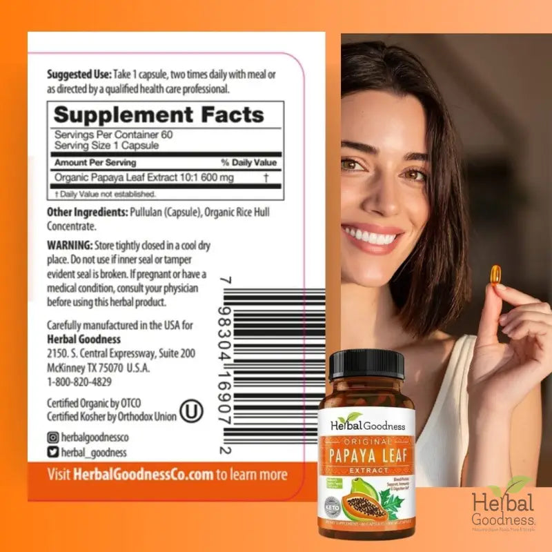 Herbalgoodness original papaya leaf extract amber glass bottle with orange label for daily immune support in essential wellness bundle