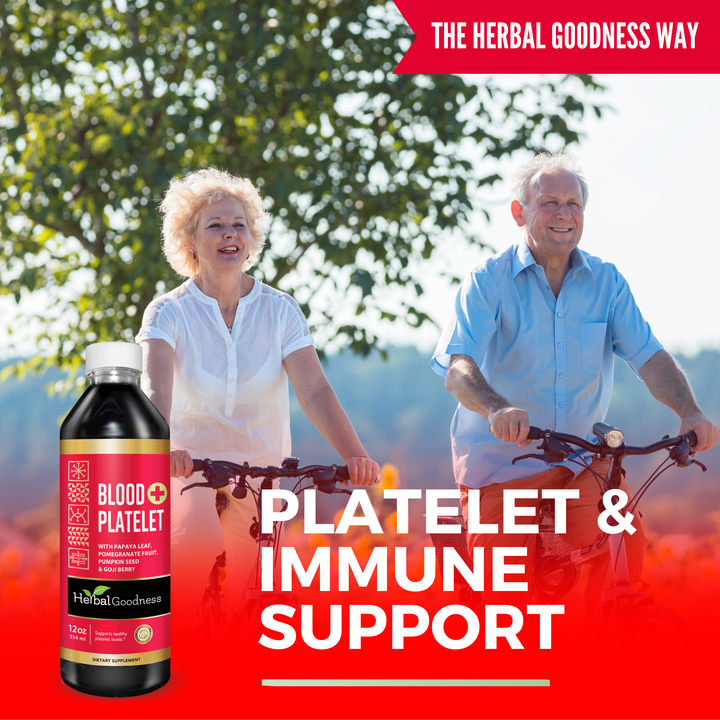 A dark glass bottle with a white cap and red label of herbal goodness blood platelet liquid extract for blood platelet plus support