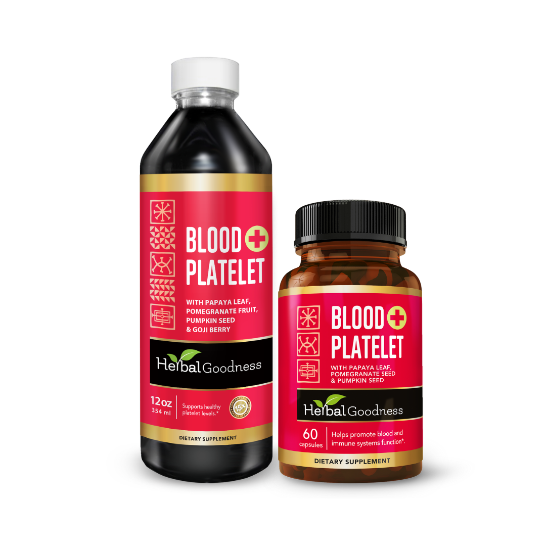 Platelet strength and vitality duo blood platelet dietary supplements with liquid extract in dark glass and amber plastic bottles