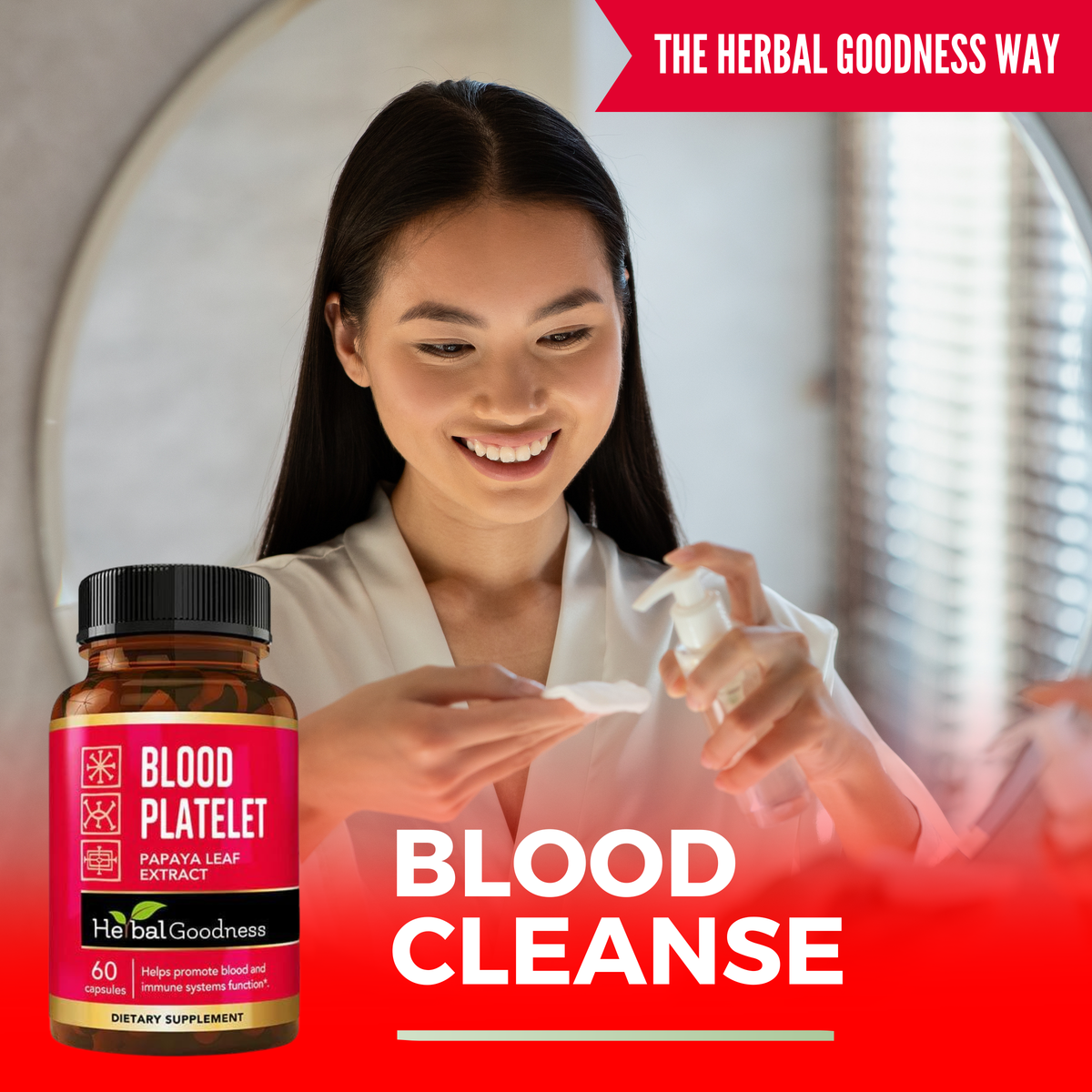 A brown glass bottle with black cap and vibrant pink label of hebalgoodness blood platelet liquid extract supplement