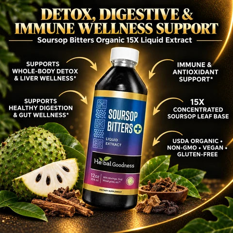 A dark glass bottle with a white cap and blue label of herbal goodness soursop bitters liquid 15x extract for deep body cleanse