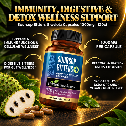 An amber glass bottle with a black cap labeled soursop bitters graviola capsules by heibai goodness for body’s natural cleansing