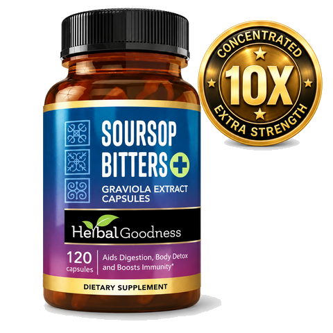 Amber glass bottle with black cap and blue purple label of herbalgoodness soursop bitters extract capsules for body’s natural cleansing