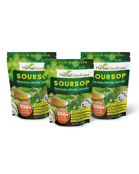 Green and white pouches of herbalgoodness soursop graviola whole handpicked leaves with vibrant fruit design for wellness