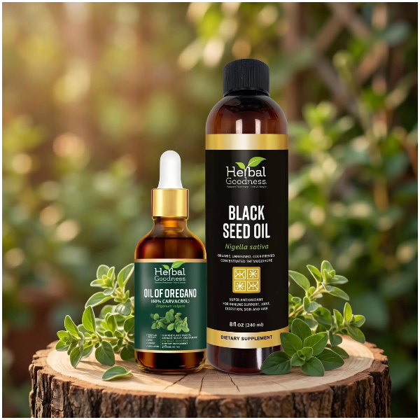 Two amber glass bottles of herbal goodness essential oils, one labeled ’oil of oregano’ with a gold dropper cap and the other ’black seed oil,’ both featuring black labels with green accents.