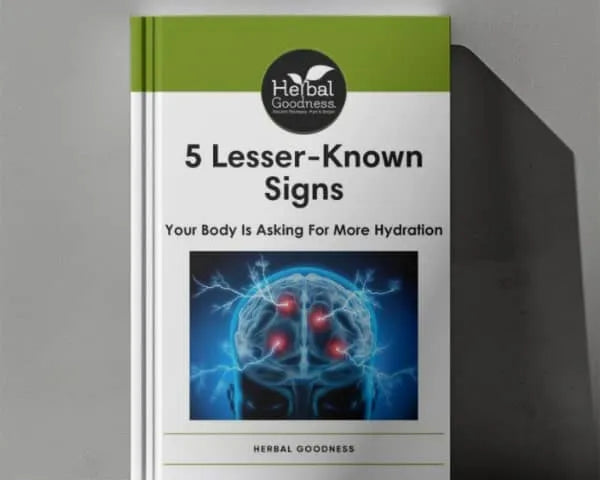 A green and white hardcover herbal ebook titled 5 lesser-known signs your body is asking for more hydration for herbal business blueprint