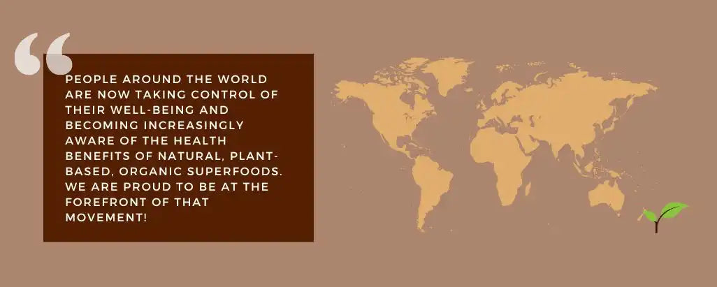 World map silhouette in gold color on a brown background with accompanying text about natural plant-based foods.